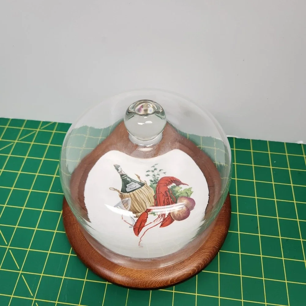 1970s Vtg Good wood Teak Flawed  Cheese Tray Glass Dome Cloche Wine Lobster